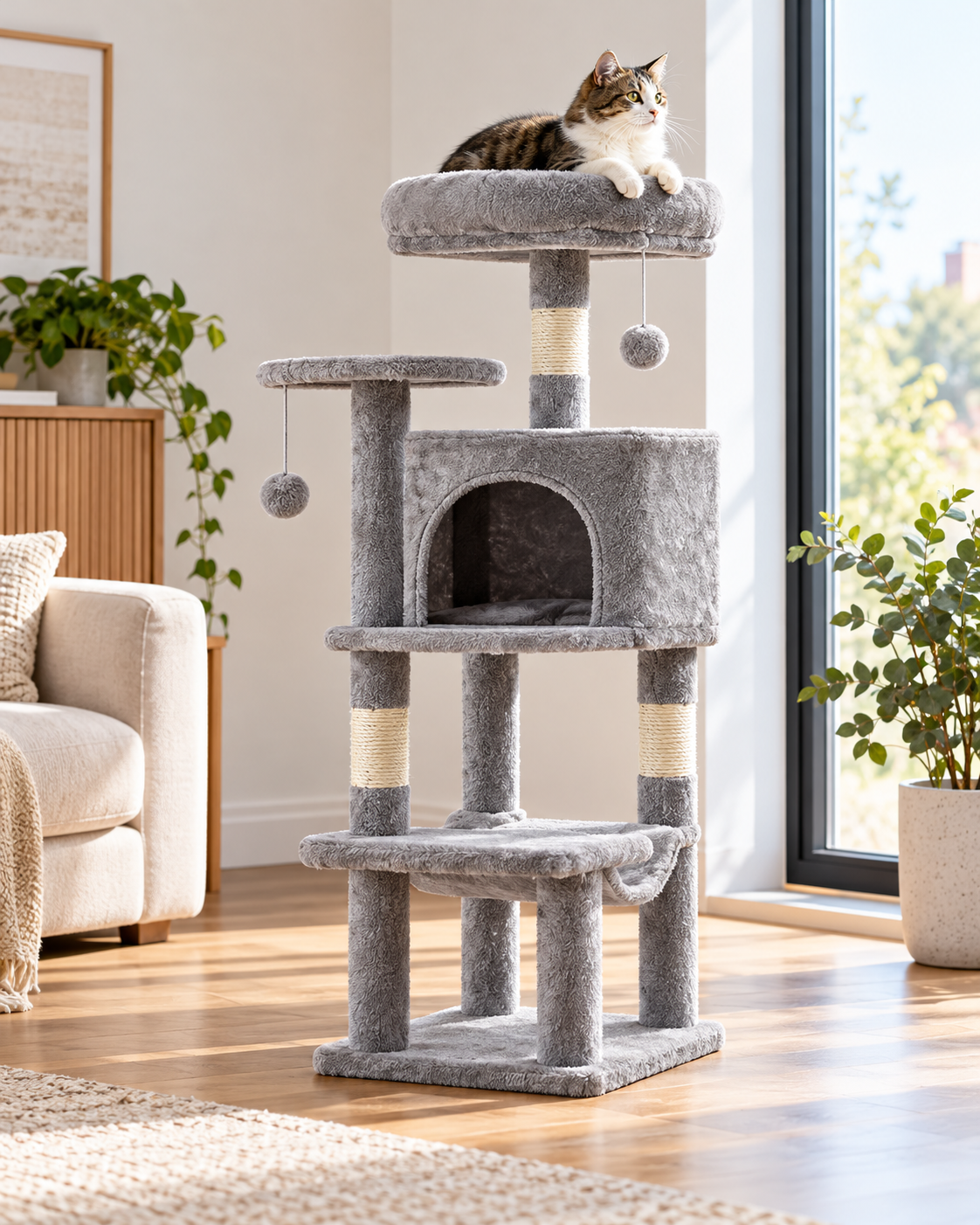 Arbre à chat 4 en 1 avec niche, hamac et griffoirs