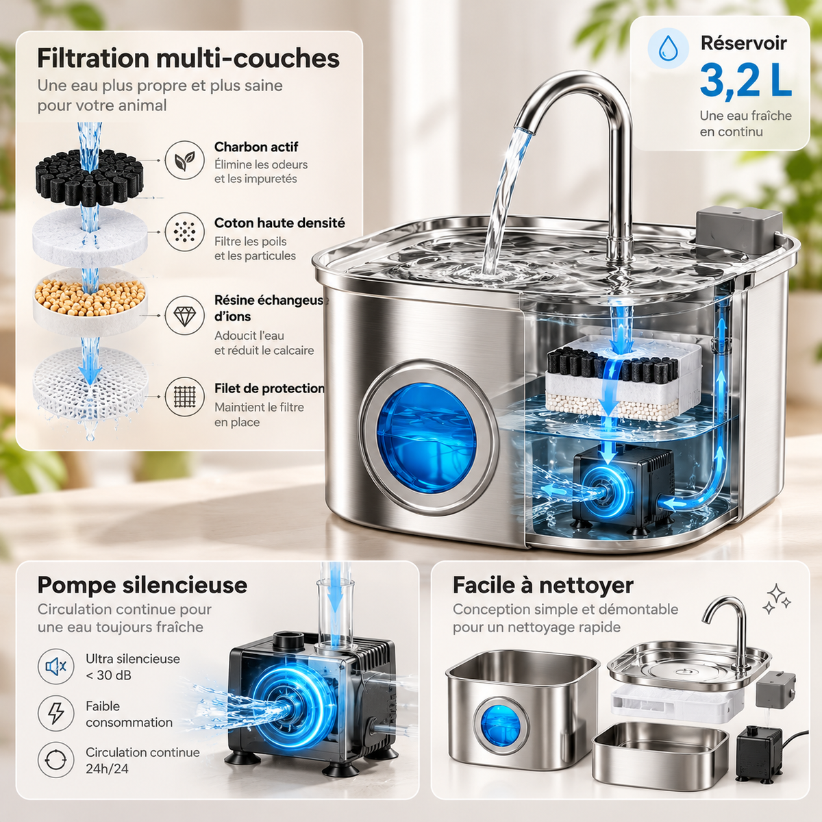 Fontaine à eau inox 3,2 L pour chat et chien