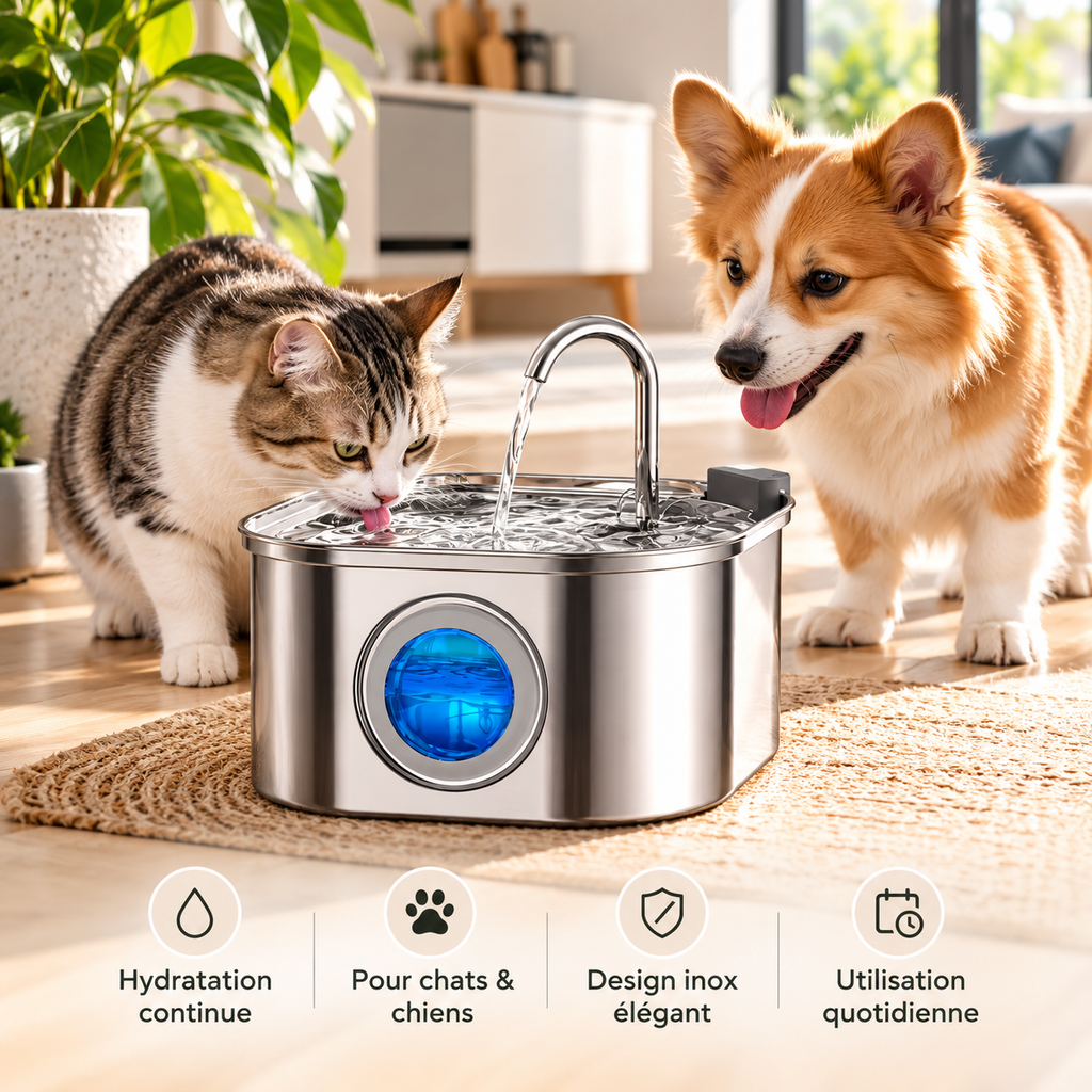 Fontaine à eau inox 3,2 L pour chat et chien