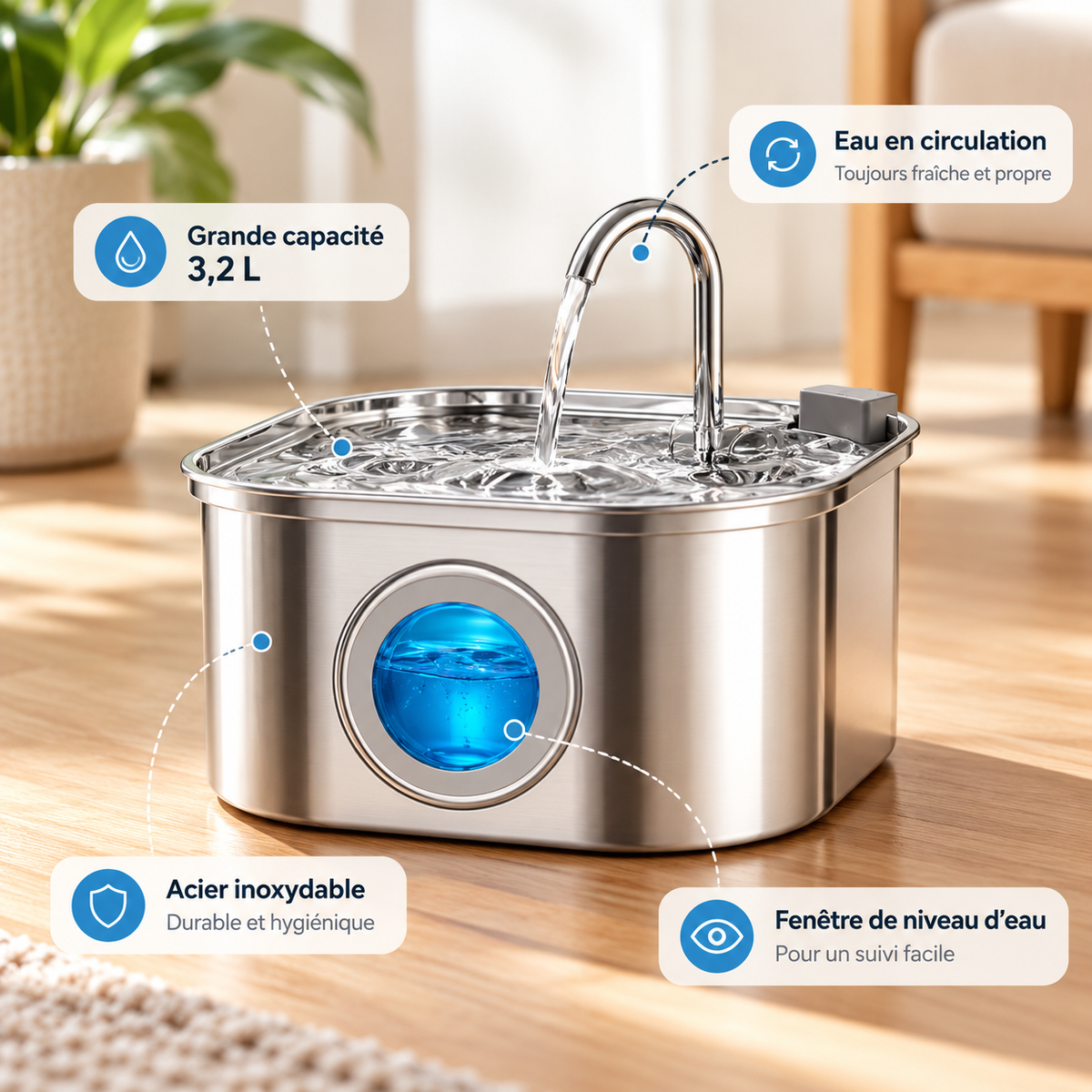 Fontaine à eau inox 3,2 L pour chat et chien