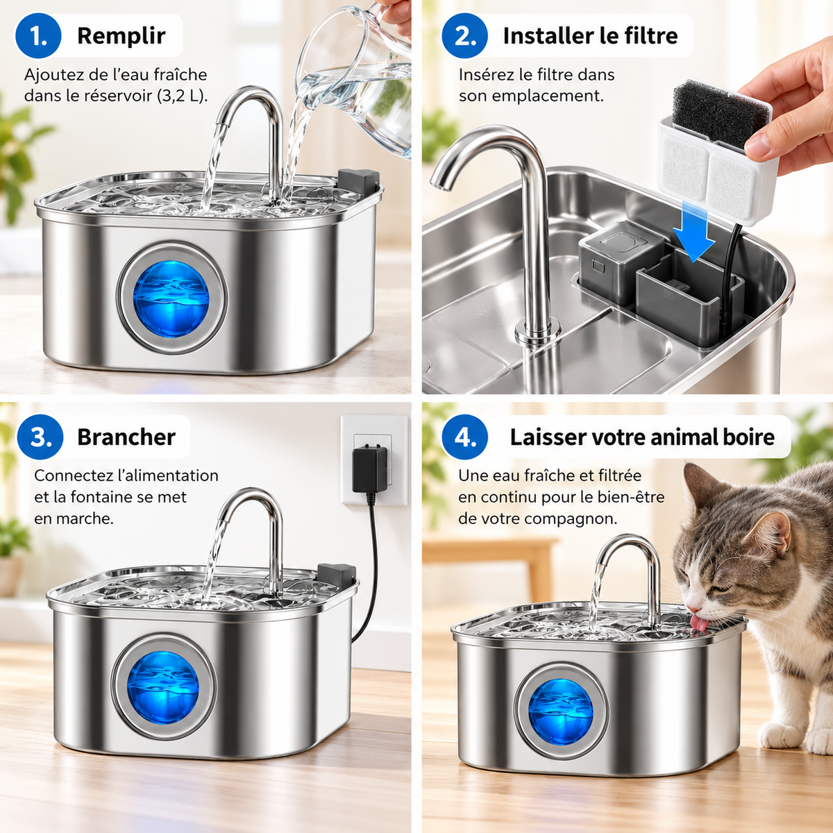 Fontaine à eau inox 3,2 L pour chat et chien