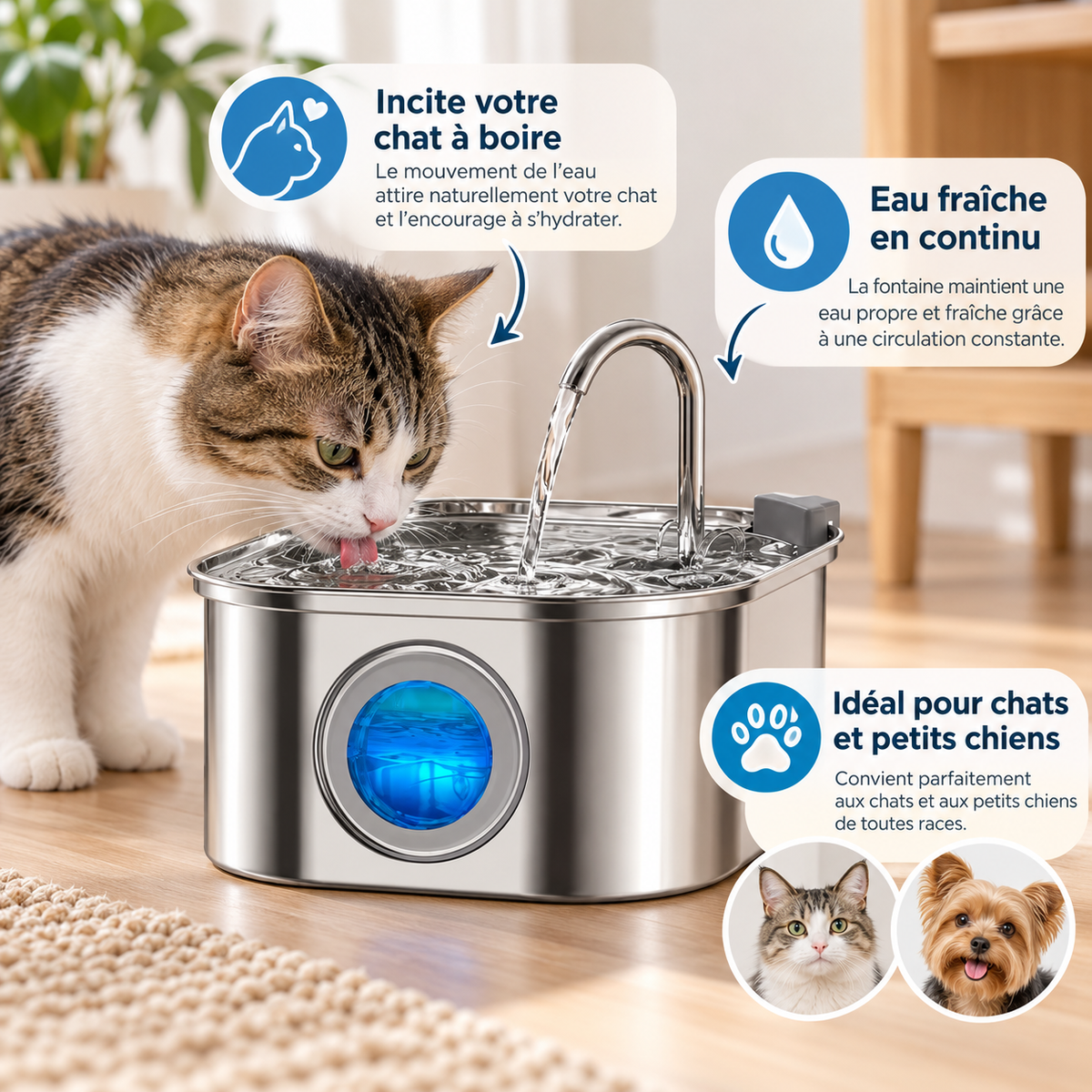 Fontaine à eau inox 3,2 L pour chat et chien