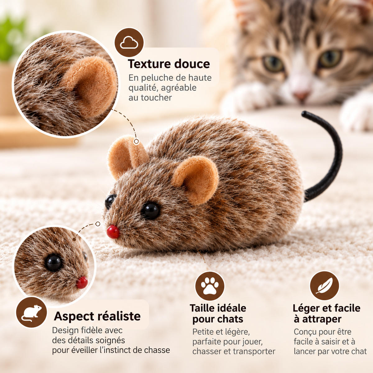 Souris en peluche réaliste pour chat