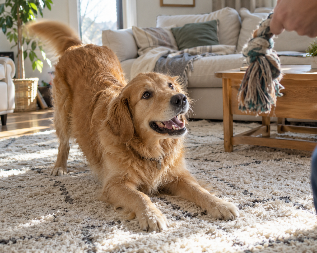 Golden retriever jouant avec son maître dans un salon lumineux